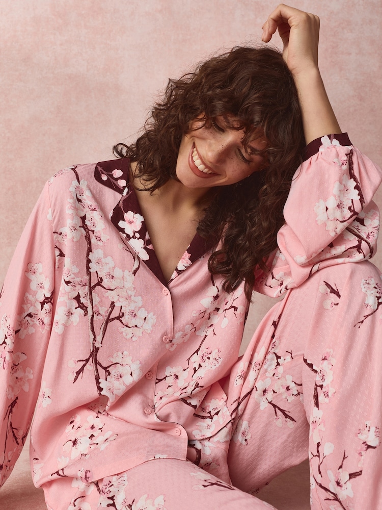 Bath & Body Works Pink Japanese Cherry Blossom Long Sleeve Button Through Pyjamas - Image 2 of 9 Bath & Body Works Pink Japanese Cherry Blossom Long Sleeve Button Through Pyjamas - Image 2 of 9