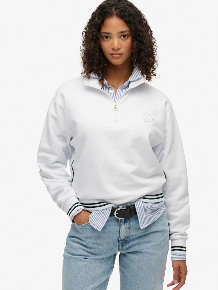 Superdry White Country Club Embossed Half-Zip Jumper - Image 2 of 7 Superdry White Country Club Embossed Half-Zip Jumper - Image 2 of 7