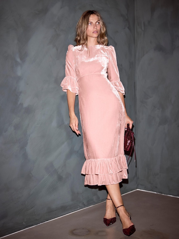 Mint Velvet Natural Pink Velvet Ruffle Midi Dress - Image 1 of 8 Mint Velvet Natural Pink Velvet Ruffle Midi Dress - Image 1 of 8