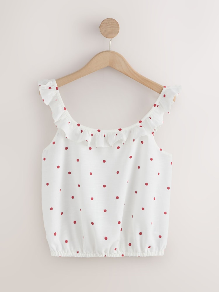 Cream/Red Polka Dot Ruffle Detail Scoop Neck Cami with Linen - Image 1 of 3 Cream/Red Polka Dot Ruffle Detail Scoop Neck Cami with Linen - Image 1 of 3