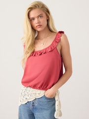 Red Ruffle Detail Scoop Neck Cami with Linen - Image 1 of 5
