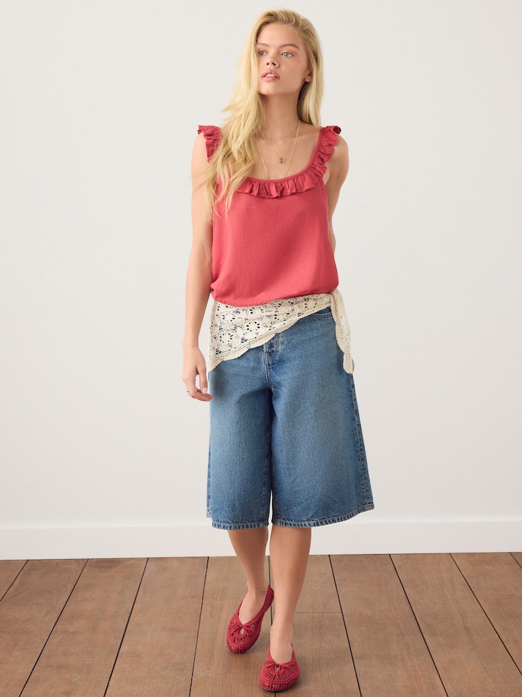 Red Ruffle Detail Scoop Neck Cami with Linen - Image 2 of 5
