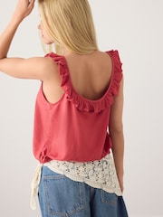 Red Ruffle Detail Scoop Neck Cami with Linen - Image 4 of 5