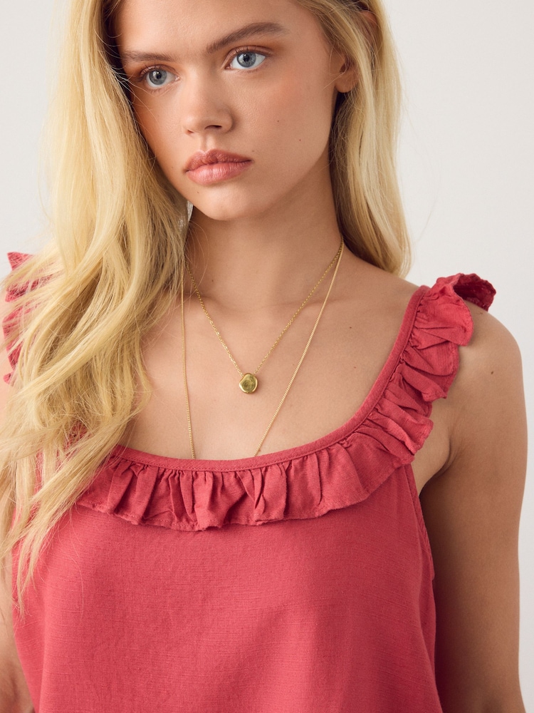 Red Ruffle Detail Scoop Neck Cami with Linen - Image 5 of 5