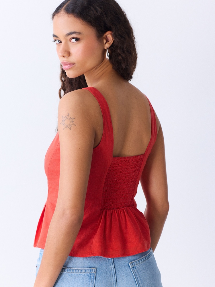Red Structured Peplum Top with Linen - Image 2 of 6