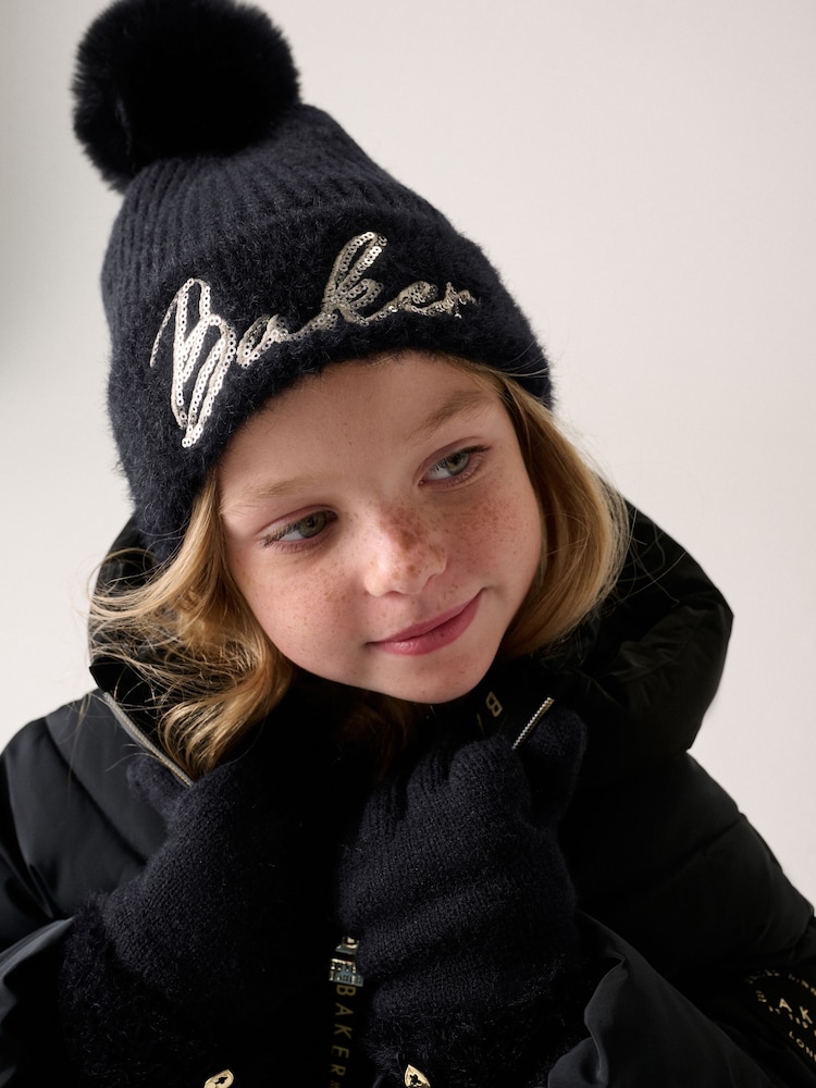 Baker by Ted Baker Black Sequin Knitted Pom Hat and Gloves Set - Image 1 of 6 Baker by Ted Baker Black Sequin Knitted Pom Hat and Gloves Set - Image 1 of 6