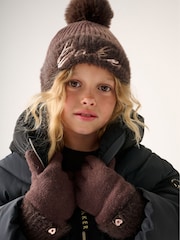 Baker by Ted Baker Chocolate Brown Sequin Knitted Pom Hat and Gloves Set - Image 1 of 5