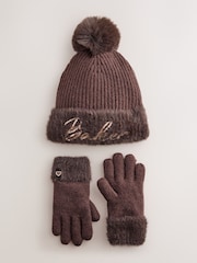 Baker by Ted Baker Chocolate Brown Sequin Knitted Pom Hat and Gloves Set - Image 2 of 5