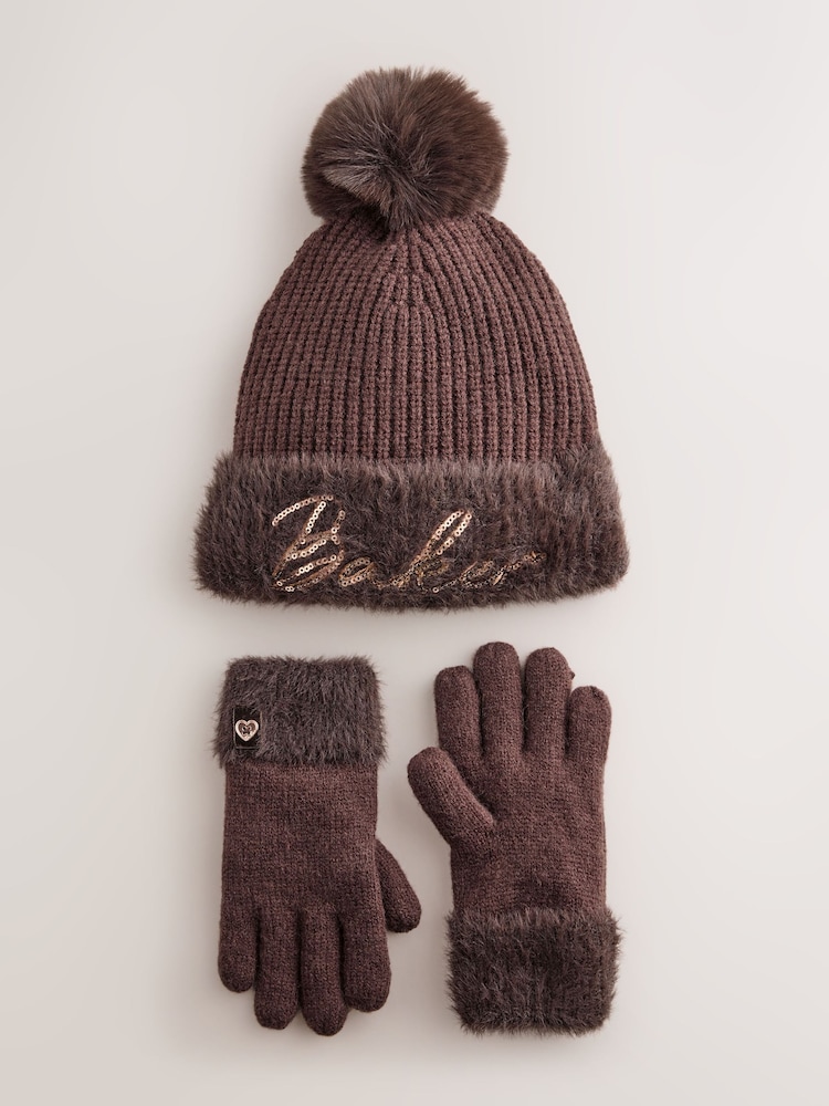 Baker by Ted Baker Chocolate Brown Sequin Knitted Pom Hat and Gloves Set - Image 2 of 5 Baker by Ted Baker Chocolate Brown Sequin Knitted Pom Hat and Gloves Set - Image 2 of 5