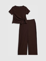River Island Brown Textured Side Tie T-Shirt & Wide Leg Trousers Set - Image 1 of 5