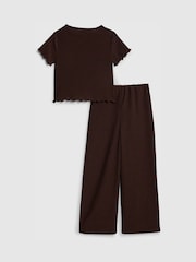 River Island Brown Textured Side Tie T-Shirt & Wide Leg Trousers Set - Image 2 of 5