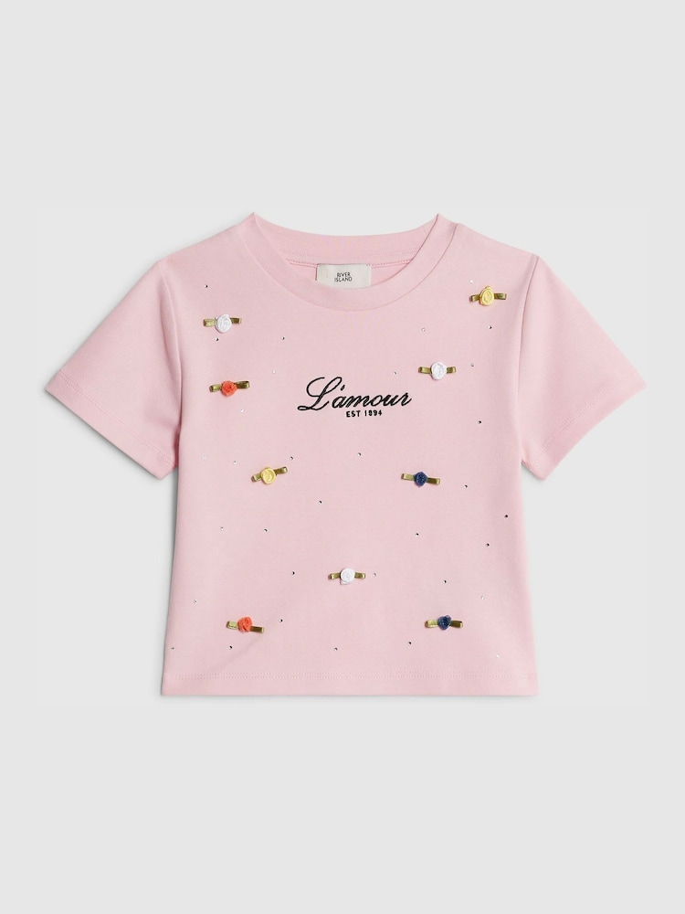 River Island Pink Lamour Rosette Baby T-Shirt - Image 1 of 4