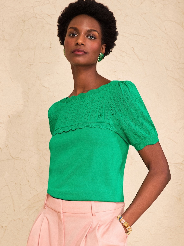 Love & Roses Green Petite Scallop Neck Short Sleeve Knitted Top - Image 1 of 4