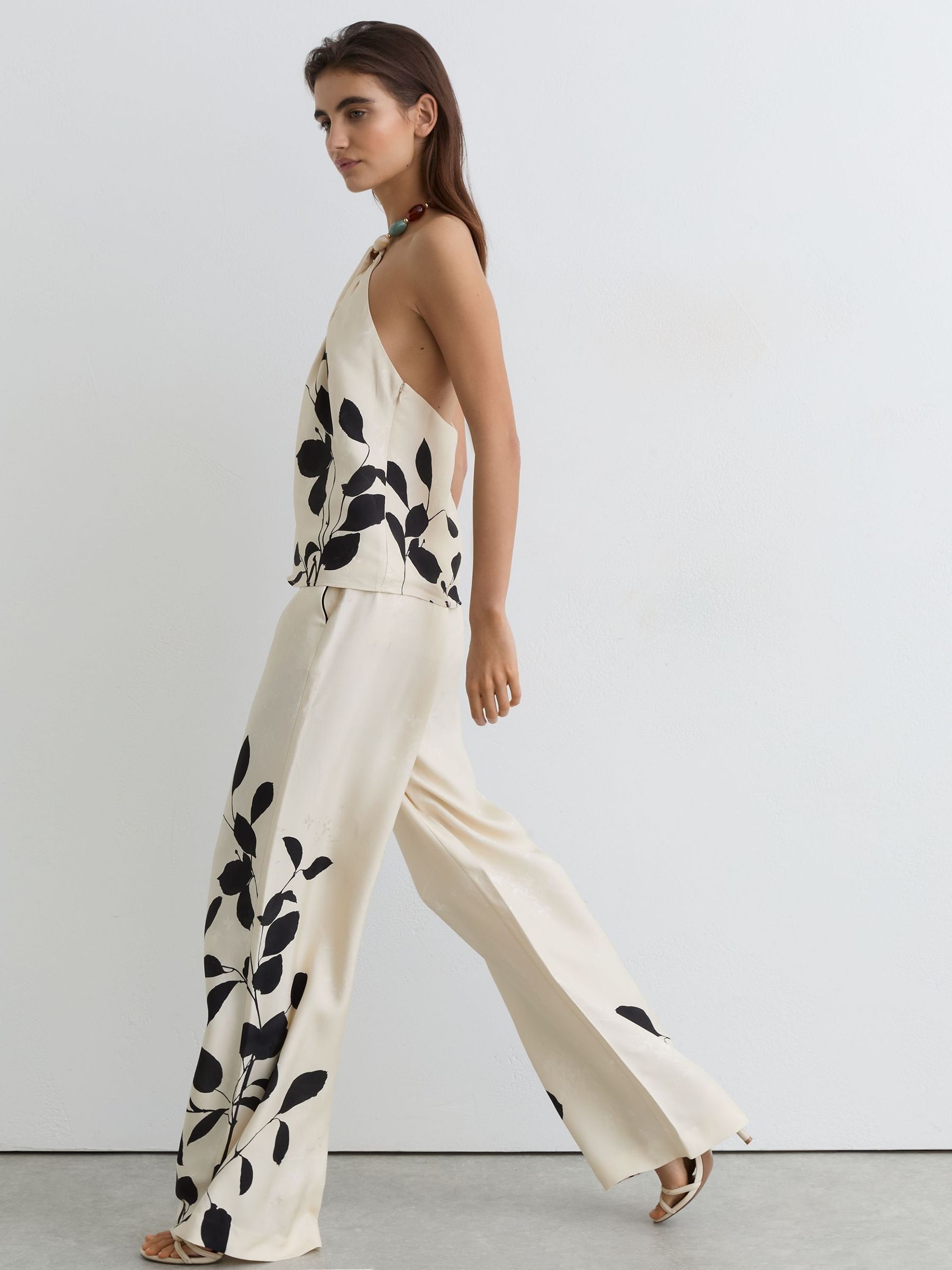 Buy Reiss Ivory/Black Delilah Jacquard Printed Wide-Leg Trousers