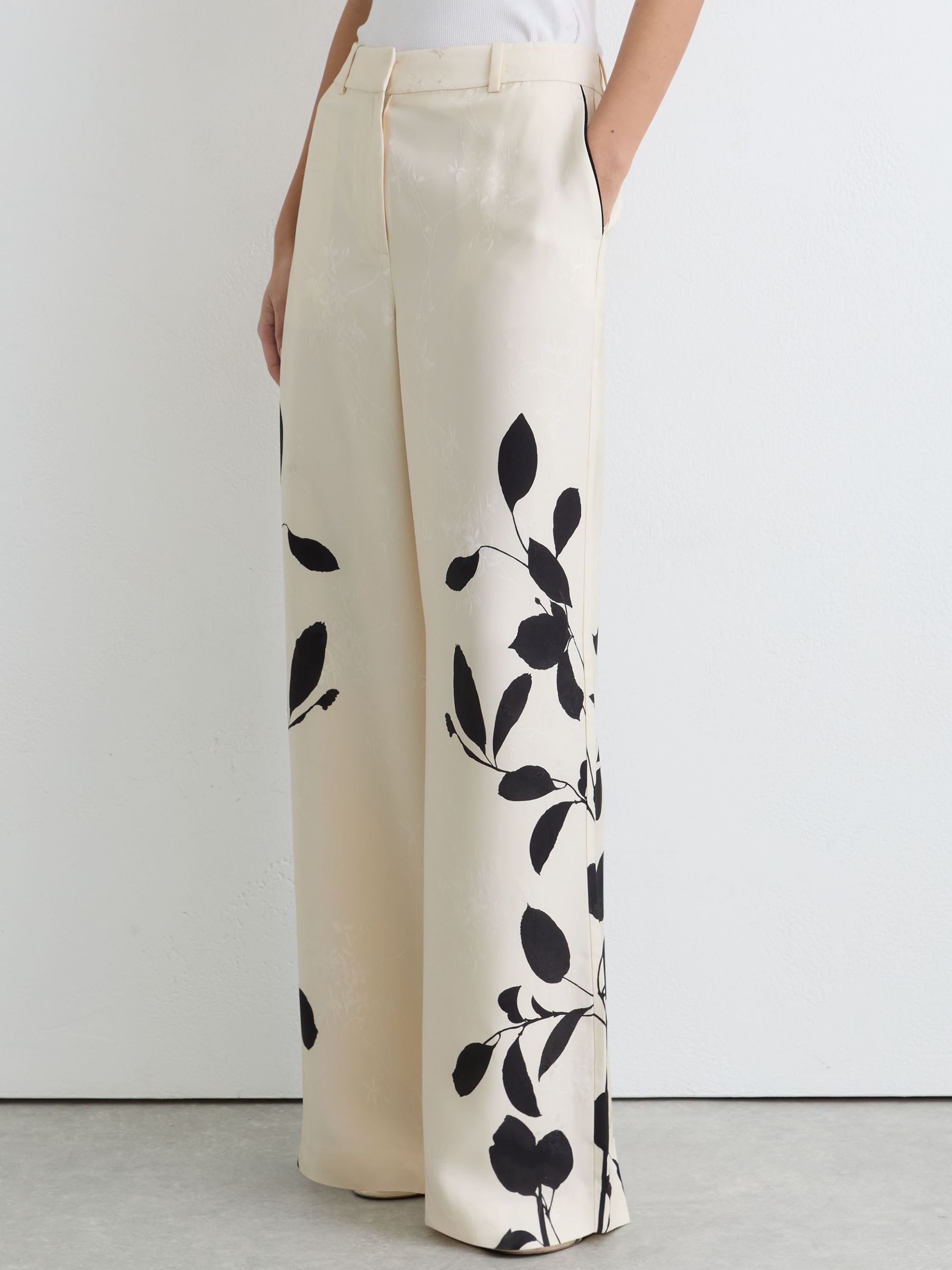 Buy Reiss Ivory/Black Delilah Jacquard Printed Wide-Leg Trousers