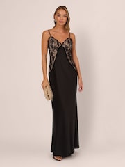 Adrianna Papell Black Stretch Satin Long Dress - Image 1 of 5