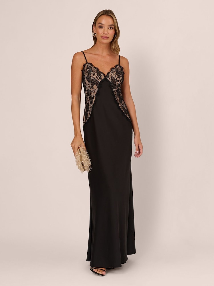Adrianna Papell Black Stretch Satin Long Dress - Image 1 of 5