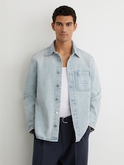 Reiss Acid Blue Randall Monogram Relaxed Washed-Denim Overshirt - Image 1 of 7