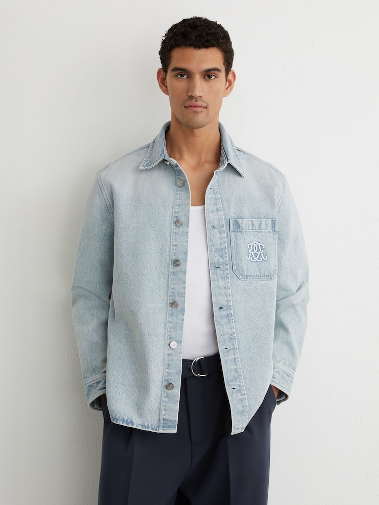 Reiss Acid Blue Randall Monogram Relaxed Washed-Denim Overshirt - Image 1 of 7