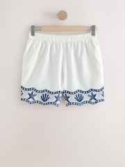 White/Blue Embroidered Shell Trim Shorts with Linen - Image 1 of 3