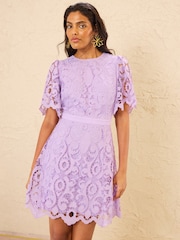 Love & Roses Lilac Purple Petite Lace Angel Sleeve Mini Dress - Image 3 of 5