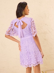 Love & Roses Lilac Purple Petite Lace Angel Sleeve Mini Dress - Image 4 of 5