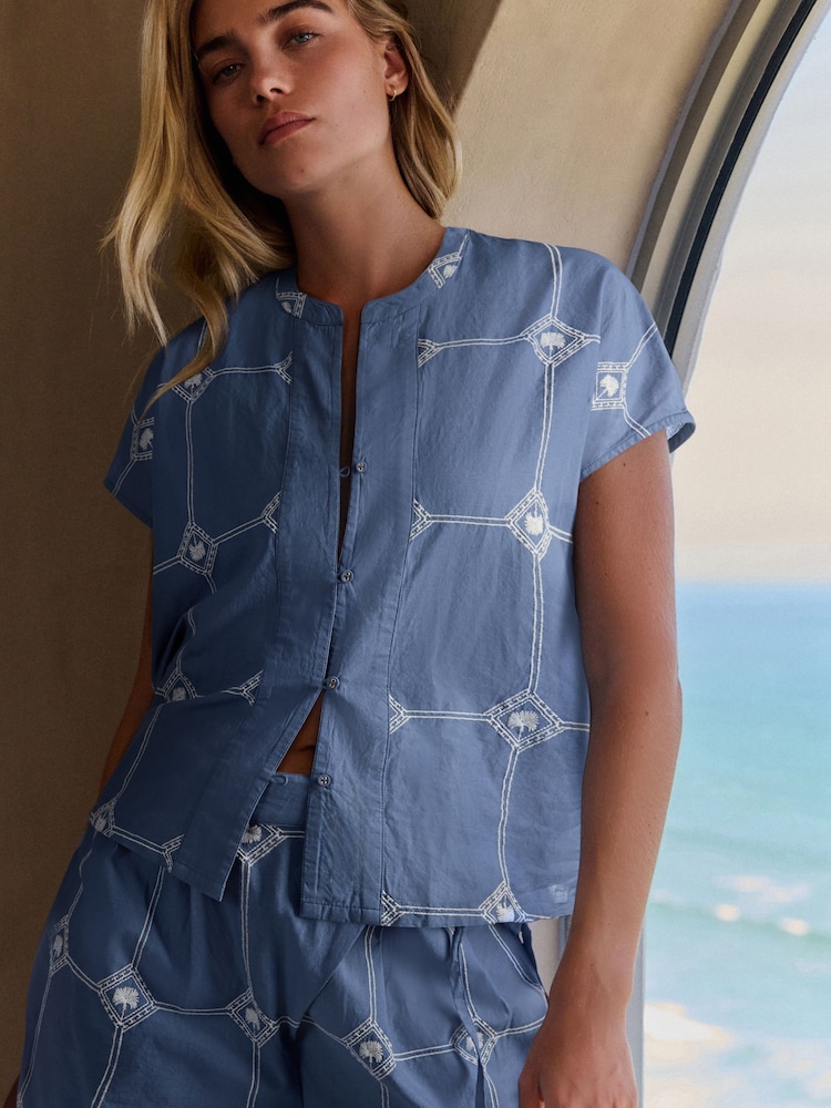 Daily by Desmond and Dempsey Blue All Over Embroidery Cotton Button Co-ord Shirt - Image 1 of 5