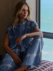 Daily by Desmond and Dempsey Blue All Over Embroidery Cotton Button Co-ord Shirt - Image 3 of 5