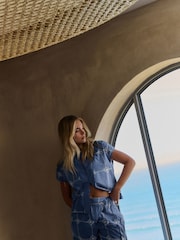 Daily by Desmond and Dempsey Blue All Over Embroidery Cotton Button Co-ord Shirt - Image 4 of 5