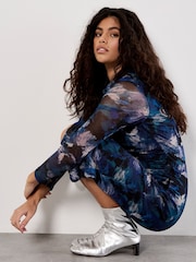 Apricot Blue Floral Ruched Mesh Midi Shirt Dress - Image 2 of 4