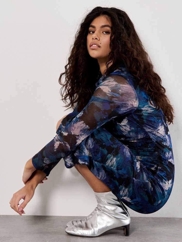 Apricot Blue Floral Ruched Mesh Midi Shirt Dress - Image 2 of 4