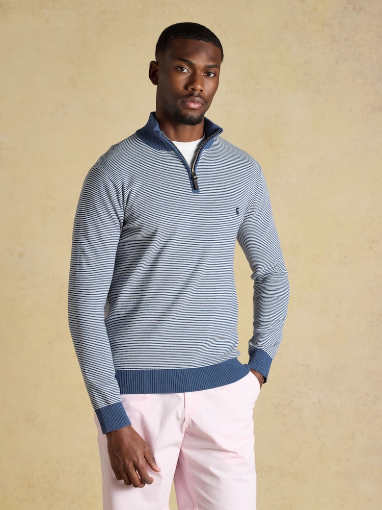 Joules Hillside Blue Striped Quarter Zip Knitted Jumper - Image 1 of 5 Joules Hillside Blue Striped Quarter Zip Knitted Jumper - Image 1 of 5