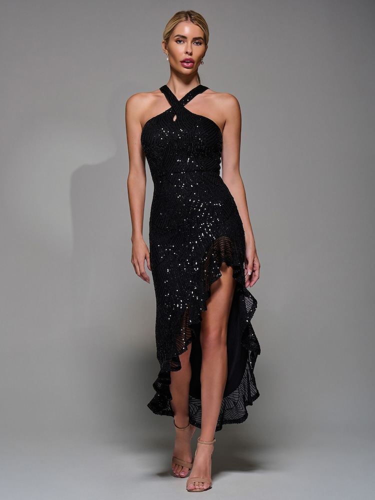 Jolie Moi Black Cross Neck Side Ruffle Sequin Dress - Image 6 of 6 Jolie Moi Black Cross Neck Side Ruffle Sequin Dress - Image 6 of 6