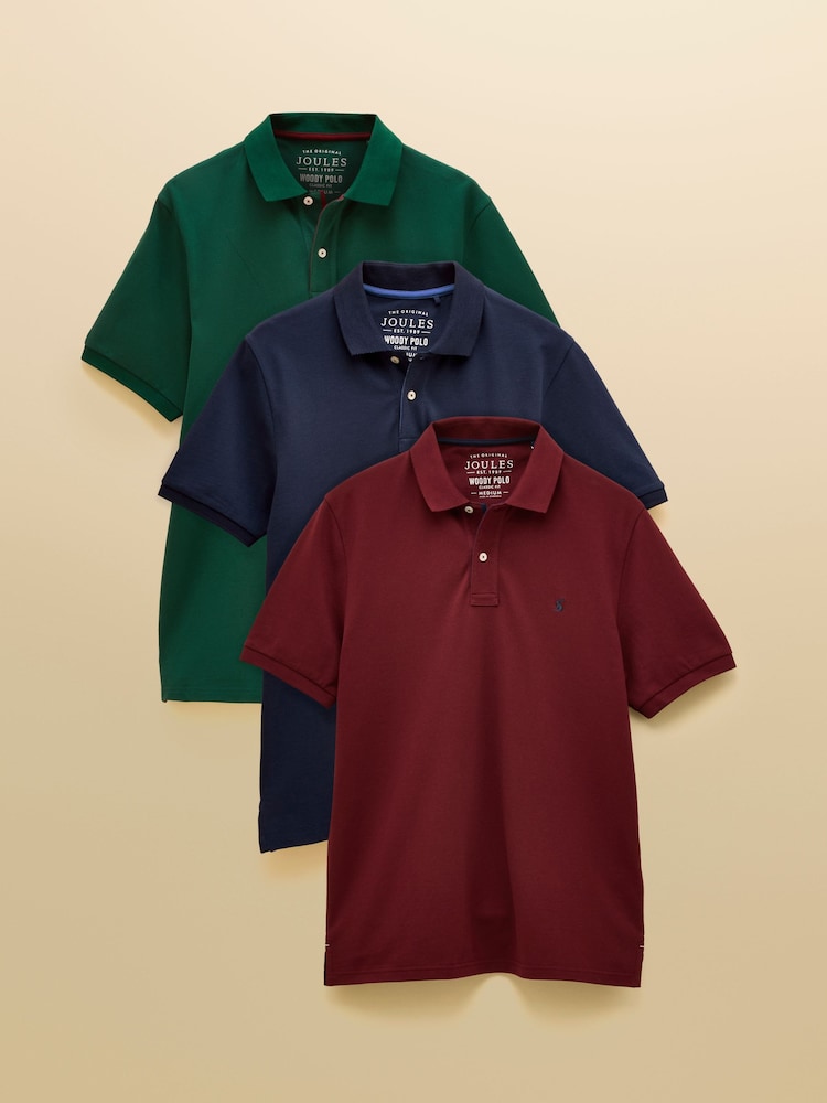 Joules Woody Navy/Burgundy/Green Polo Shirts 3 Pack - Image 1 of 10 Joules Woody Navy/Burgundy/Green Polo Shirts 3 Pack - Image 1 of 10