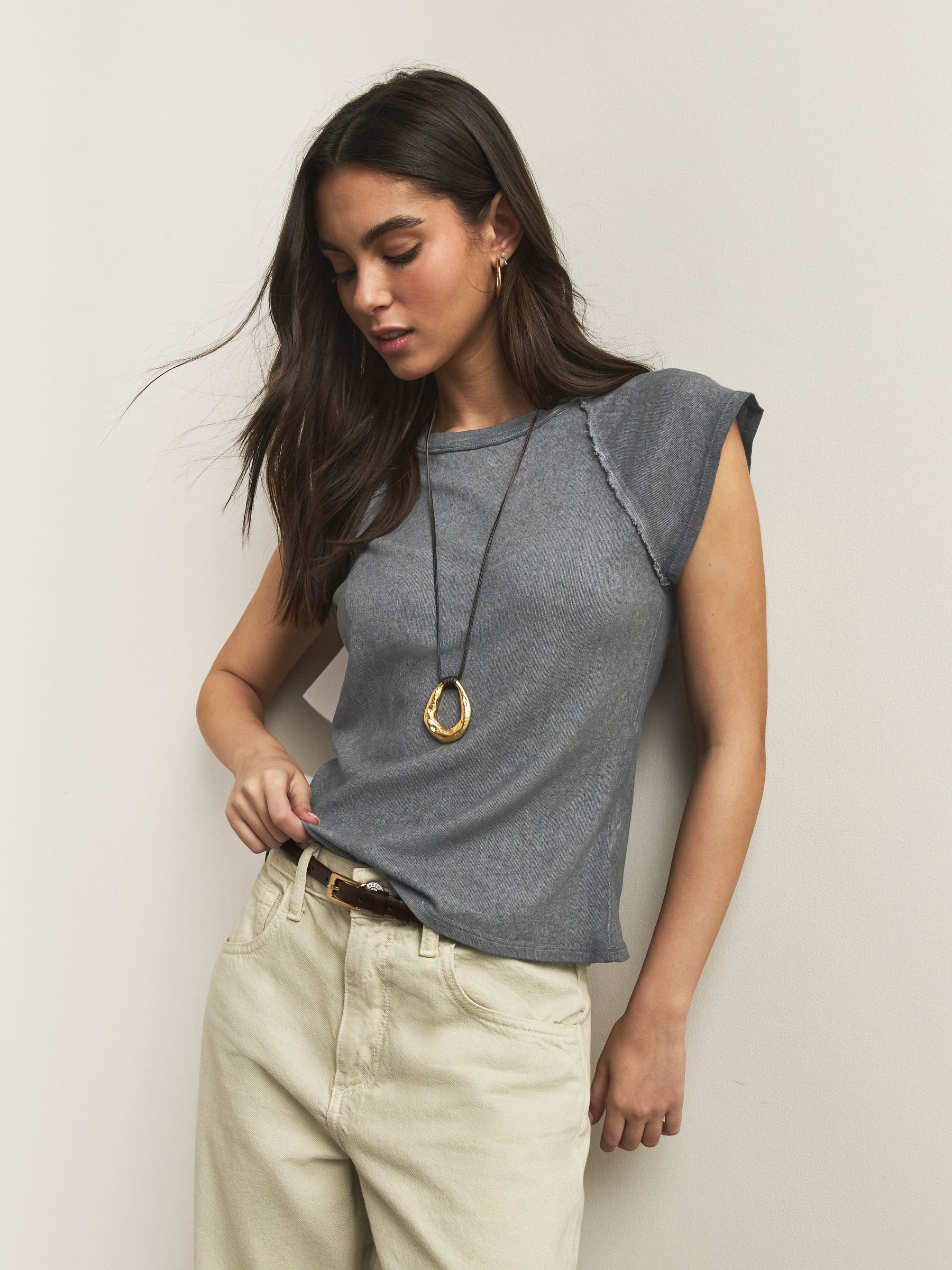 Buy Charcoal Grey Raw Seam Detail Short Capped Sleeve T-Shirt from