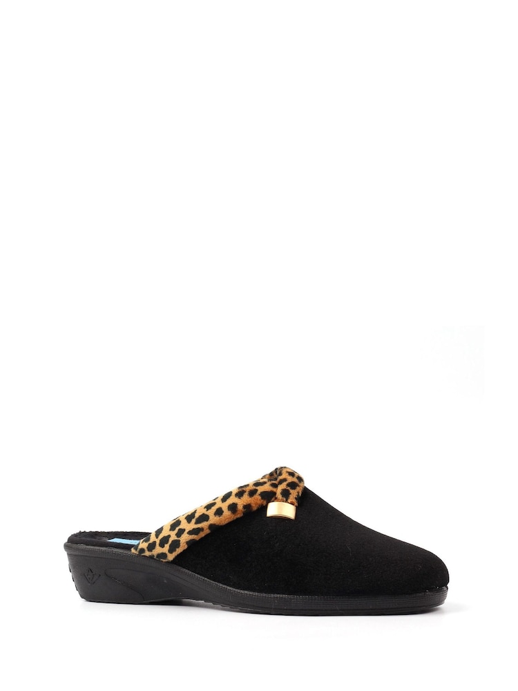 Lunar Black Michelle Animal Print Trim Wedged Mule Slippers - Image 2 of 10
