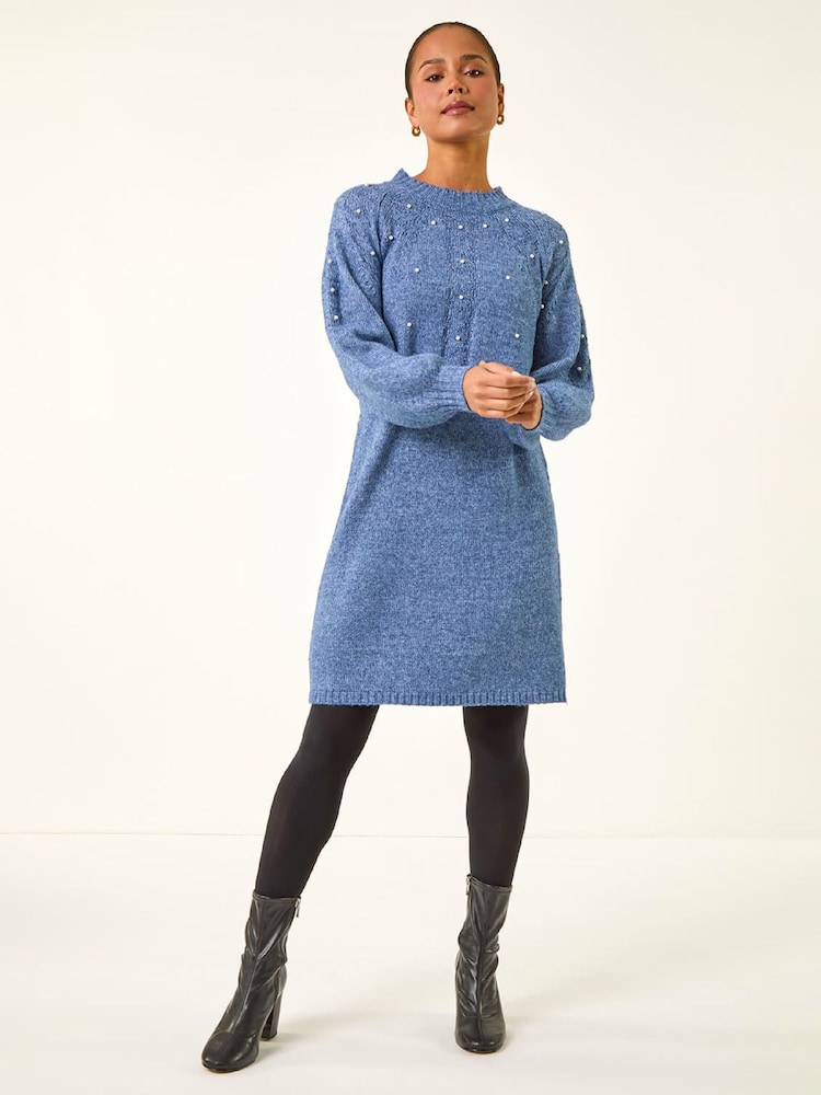 Roman Blue Petite Faux Pearl Knit Dress - Image 2 of 5 Roman Blue Petite Faux Pearl Knit Dress - Image 2 of 5