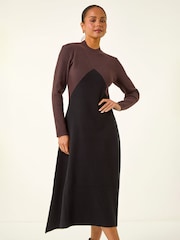 Roman Black Petite Contrast Knit Midi Dress - Image 2 of 5