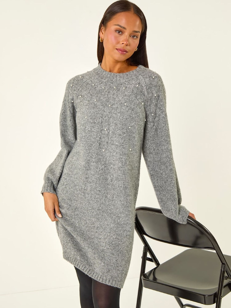 Roman Grey Petite Faux Pearl Knit Dress - Image 1 of 5 Roman Grey Petite Faux Pearl Knit Dress - Image 1 of 5