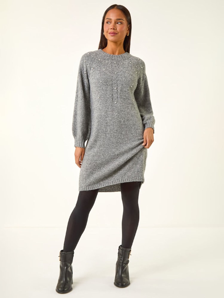 Roman Grey Petite Faux Pearl Knit Dress - Image 2 of 5 Roman Grey Petite Faux Pearl Knit Dress - Image 2 of 5