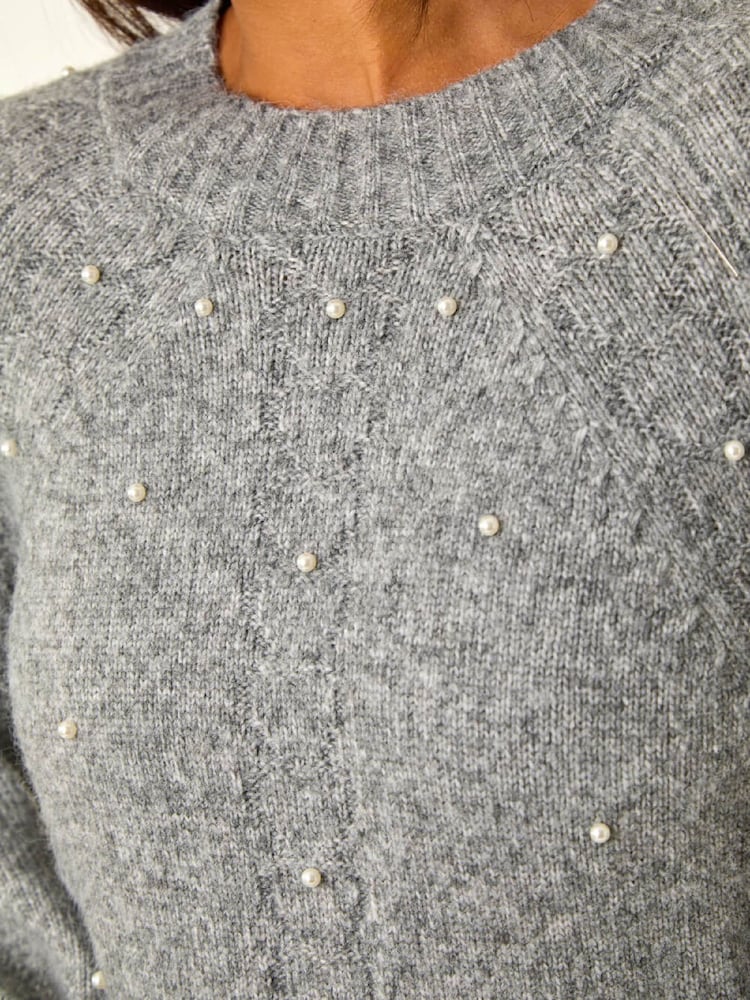 Roman Grey Petite Faux Pearl Knit Dress - Image 5 of 5 Roman Grey Petite Faux Pearl Knit Dress - Image 5 of 5