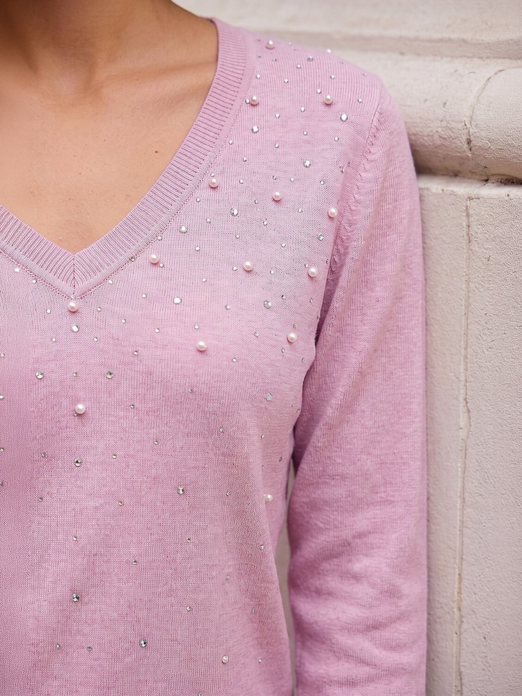 Roman Pink Petite Faux Pearl Hotfix Knit Jumper - Image 4 of 4