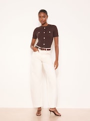 Lipsy Leopard Brown Tipped Buttoned Short Sleeve Knitted Top - Image 1 of 4
