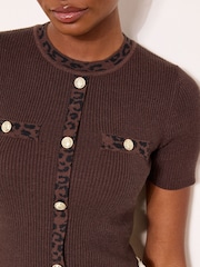 Lipsy Leopard Brown Tipped Buttoned Short Sleeve Knitted Top - Image 2 of 4