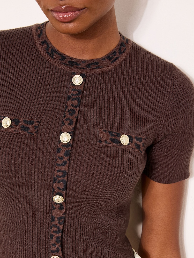 Lipsy Leopard Brown Tipped Buttoned Short Sleeve Knitted Top - Image 2 of 4