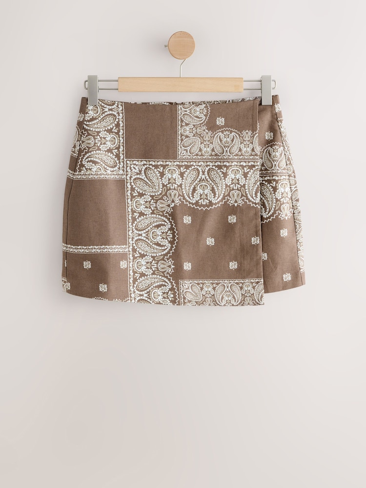 Chocolate Brown Scarf Print Linen Rich Tailored Wrap Mini Skirt - Image 1 of 3