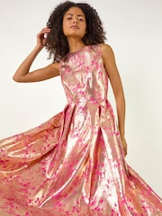 Roman Pink Metallic Jacquard Midi Dress - Image 1 of 5