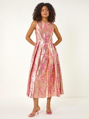 Roman Pink Metallic Jacquard Midi Dress - Image 2 of 5