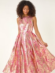Roman Pink Metallic Jacquard Midi Dress - Image 4 of 5