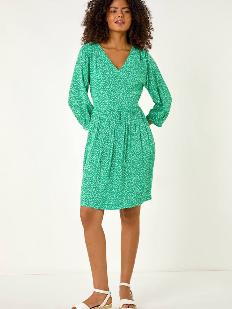 Roman Green Ditsy Floral Print V-Neck Dress - Image 2 of 5 Roman Green Ditsy Floral Print V-Neck Dress - Image 2 of 5